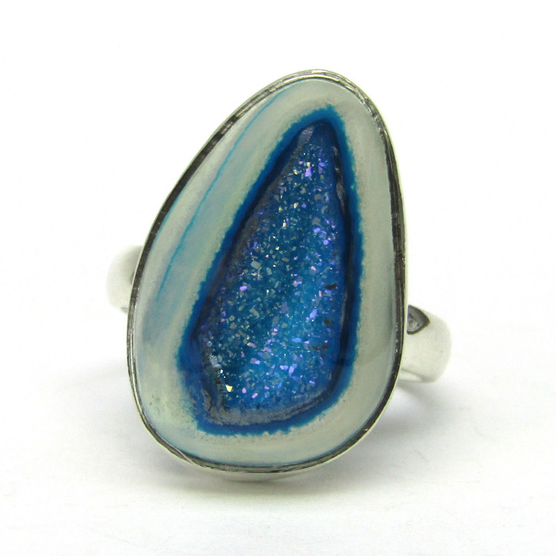 Stříbrný prsten s modrým aura křišťálem