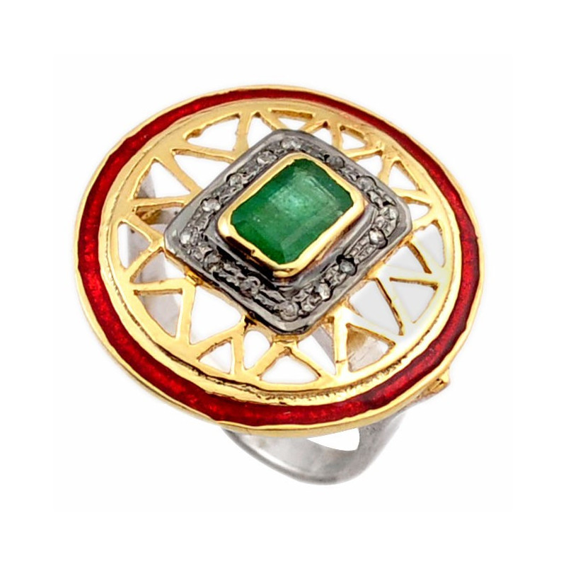 Stříbrný prsten se smaragdem a diamanty 0.35 kt