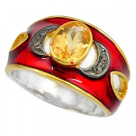 Stříbrný prsten s citrínem a diamanty 0.10 kt