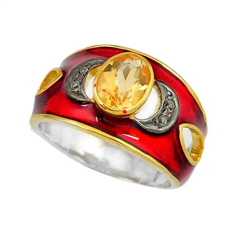 Stříbrný prsten s citrínem a diamanty 0.10 kt