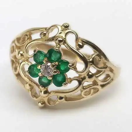 14 kt zlatý prsten se smaragdy a brilianty