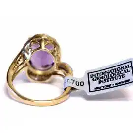 14 kt zlatý prsten s ametystem a brilianty s certifikátem IGI