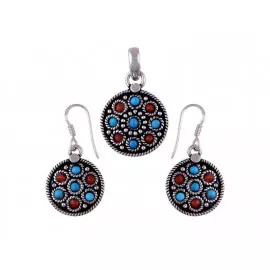 Stříbrný set přívěšek a naušnice s mořskými korály a tyrkysy