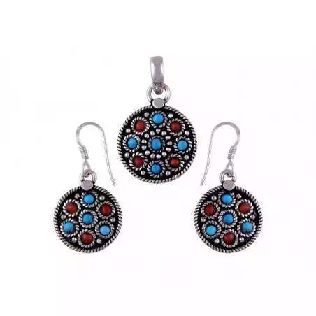 Stříbrný set přívěšek a naušnice s mořskými korály a tyrkysy